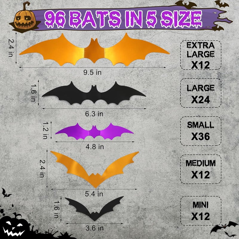 Bamamon 96 Pcs Bats Halloween Decoration Stickers, 3D Bat Wall Decor 5 Size Realistic PVC Black Orange Purple Bats DIY Home Decor Wall Decal Bathroom Indoor Outdoor Window Décor Halloween Party Supplies - Image 3